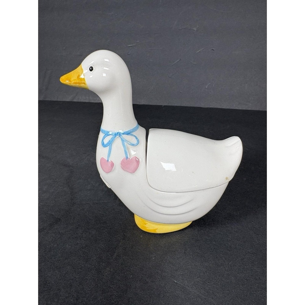 Ceramic Goose Sugar Bowl With Lid Blue Bow Pink Hearts Country Kitchen Decor